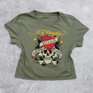 Ed Hardy Super Cute Y2K Olive Skull Heart Baby Tee